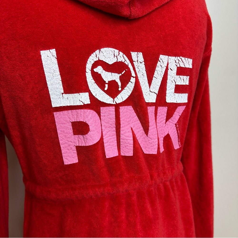 PINK Victoria's Secret Y2K Red Terrycloth Hooded Zip Up Robe / Coverup Size Med - Picture 9 of 10